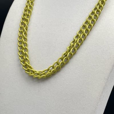 Vintage Double Curb Chain Necklace Neon Yellow Enamel Coated Long Chunky - Thumbnail 8