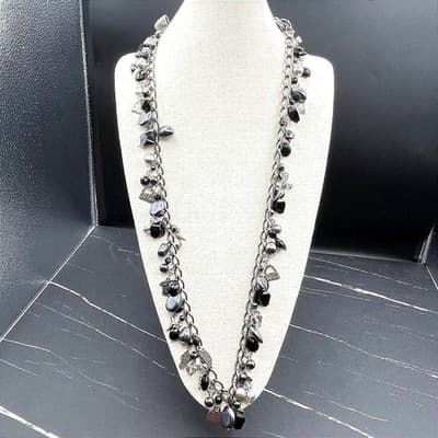 Vintage Gunmetal Charm Chain Necklace Black Bead Gothic Y2K Statement