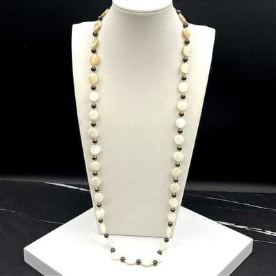 VTG MOP Disc Bead Necklace Brown Pearl Long Strand Coastal Boho Lobster Clasp