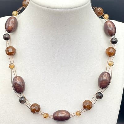 Vintage Brown Wood & Glass Bead Multi-Strand Necklace Boho Layered