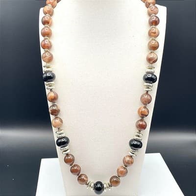 Acrylic Brown & Black Bead Statement Necklace w/ Silver Tone Accents