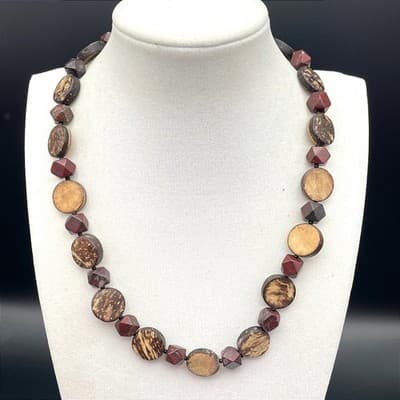 Vintage Brown Wood & Red Resin Bead Necklace Geometric Boho Statement