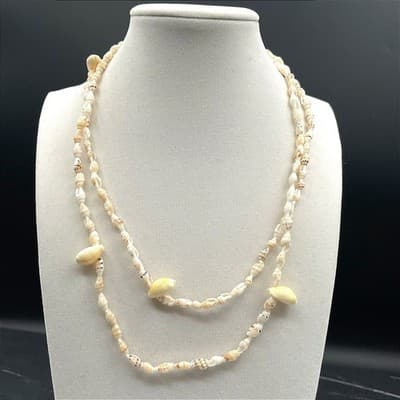 Vintage Long Puka Whelk Shell Necklace Boho Beach Jewelry Natural Cream