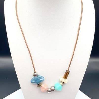 Boho Pastel Resin & Silver-Tone Bead Necklace on Braided Cord – Knot Closure