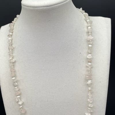 Vintage Genuine Natural Rose Quartz Tumbled Stone Chip Polished Beaded Necklace - Thumbnail 2