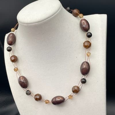 Vintage Brown Wood & Glass Bead Multi-Strand Necklace Boho Layered - Thumbnail 2