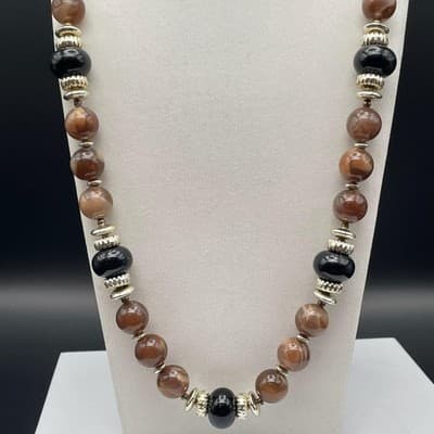 Acrylic Brown & Black Bead Statement Necklace w/ Silver Tone Accents - Thumbnail 4