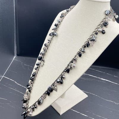 Vintage Gunmetal Charm Chain Necklace Black Bead Gothic Y2K Statement - Thumbnail 2