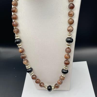 Acrylic Brown & Black Bead Statement Necklace w/ Silver Tone Accents - Thumbnail 3