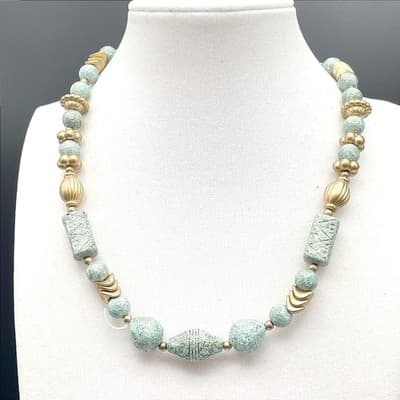 Vintage Turquoise Blue Textured Bead & Gold Tone Necklace Boho Statement
