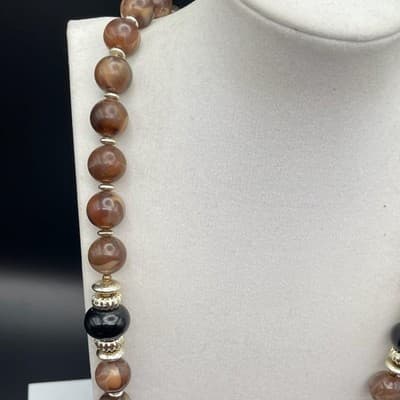 Acrylic Brown & Black Bead Statement Necklace w/ Silver Tone Accents - Thumbnail 5