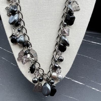 Vintage Gunmetal Charm Chain Necklace Black Bead Gothic Y2K Statement - Thumbnail 4
