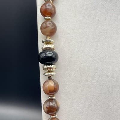 Acrylic Brown & Black Bead Statement Necklace w/ Silver Tone Accents - Thumbnail 7