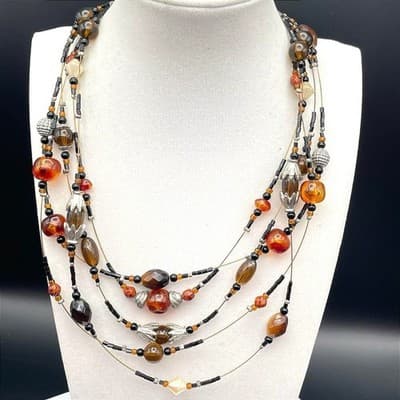 Multi-Strand Autumn Glass Bead Statement Necklace – Adjustable Lobster Clasp