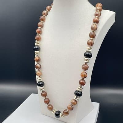 Acrylic Brown & Black Bead Statement Necklace w/ Silver Tone Accents - Thumbnail 2