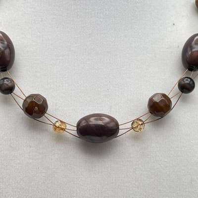 Vintage Brown Wood & Glass Bead Multi-Strand Necklace Boho Layered - Thumbnail 3