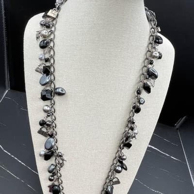 Vintage Gunmetal Charm Chain Necklace Black Bead Gothic Y2K Statement - Thumbnail 3