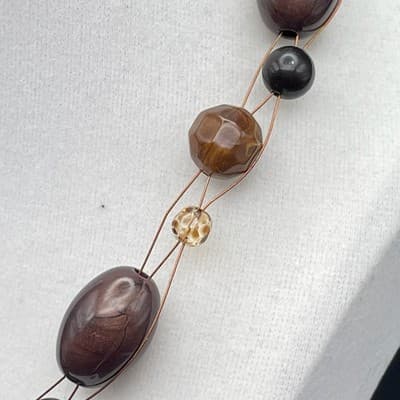 Vintage Brown Wood & Glass Bead Multi-Strand Necklace Boho Layered - Thumbnail 4