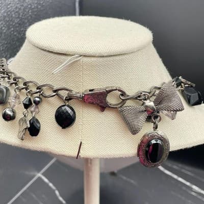 Vintage Gunmetal Charm Chain Necklace Black Bead Gothic Y2K Statement - Thumbnail 8