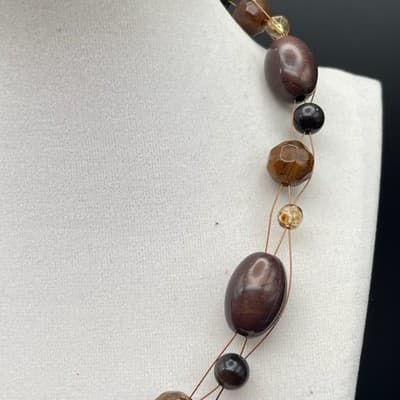 Vintage Brown Wood & Glass Bead Multi-Strand Necklace Boho Layered - Thumbnail 5