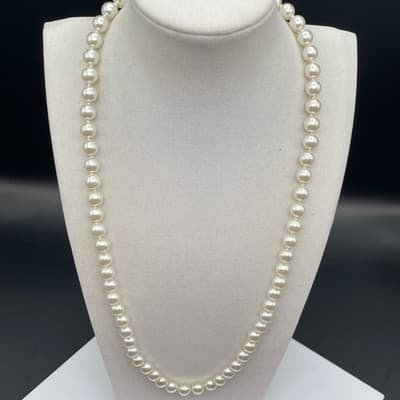 Vintage Cream Faux Pearl Necklace Gold Tone Filigree Fishhook Clasp - Thumbnail 5