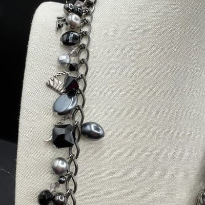 Vintage Gunmetal Charm Chain Necklace Black Bead Gothic Y2K Statement - Thumbnail 5