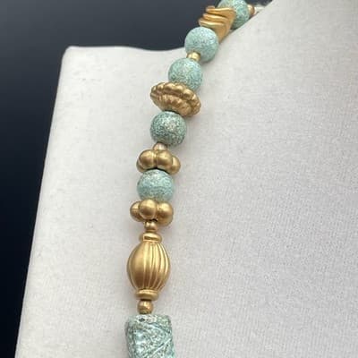Vintage Turquoise Blue Textured Bead & Gold Tone Necklace Boho Statement - Thumbnail 4