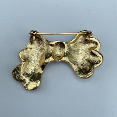 Vintage Gold Tone Enamel Bow Brooch Green Blue Rhinestone Trim - Thumbnail 6