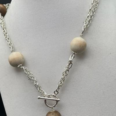 Vintage Silver Tone Chain & Wood Bead Tassel Necklace Boho Statement - Thumbnail 5