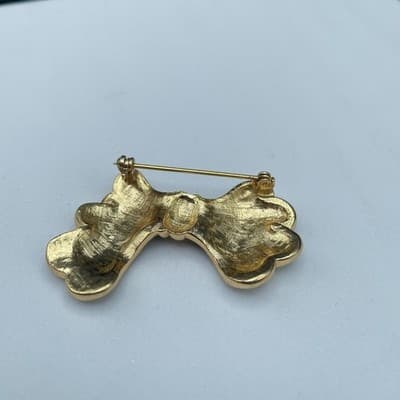 Vintage Gold Tone Enamel Bow Brooch Green Blue Rhinestone Trim - Thumbnail 5