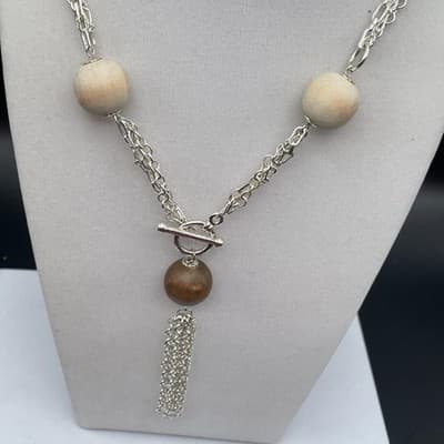 Vintage Silver Tone Chain & Wood Bead Tassel Necklace Boho Statement - Thumbnail 4