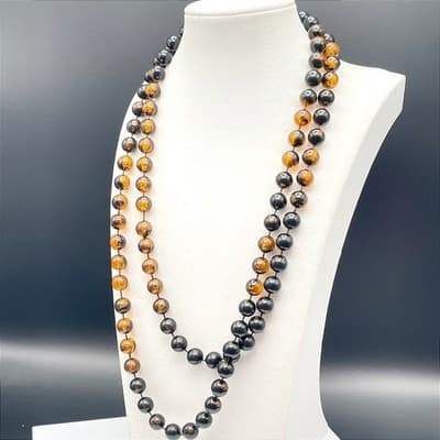 Long Black & Amber Glass Bead Necklace Halloween Fall Boho Layering Opera