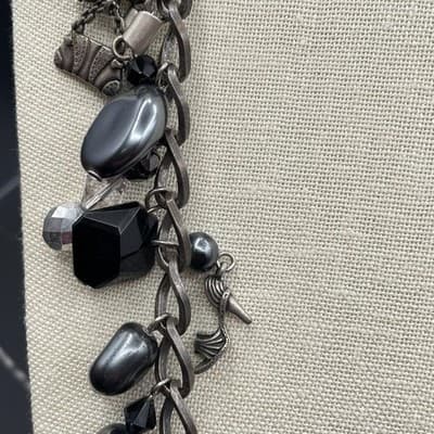 Vintage Gunmetal Charm Chain Necklace Black Bead Gothic Y2K Statement - Thumbnail 7