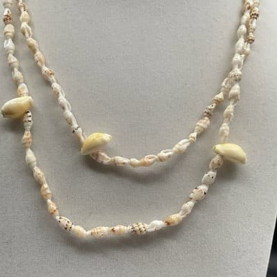 Vintage Long Puka Whelk Shell Necklace Boho Beach Jewelry Natural Cream - Thumbnail 3