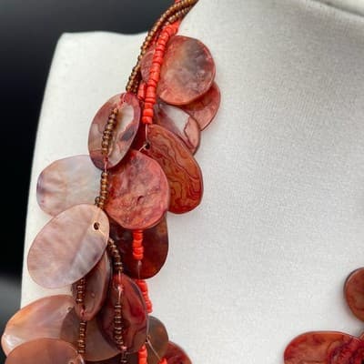 Vintage Bohemian Brown Colour Oval Shell Cluster Statement Abalone Necklace - Thumbnail 4