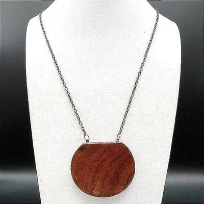Vintage Brown Wood Round Pendant Necklace Boho Statement Chain
