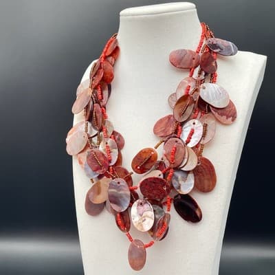 Vintage Bohemian Brown Colour Oval Shell Cluster Statement Abalone Necklace - Thumbnail 2