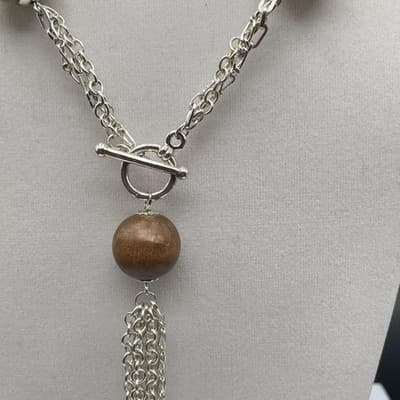 Vintage Silver Tone Chain & Wood Bead Tassel Necklace Boho Statement - Thumbnail 6