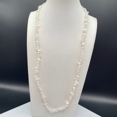Vintage Genuine Natural Rose Quartz Tumbled Stone Chip Polished Beaded Necklace - Thumbnail 3