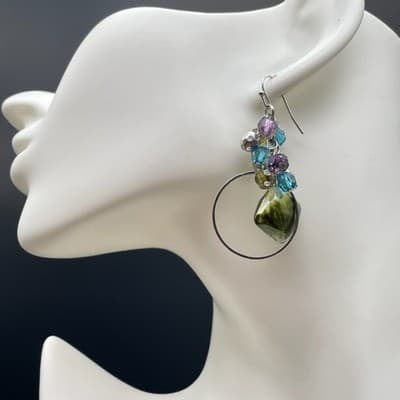 Vintage Silver Tone Multicolor Bead Hoop Drop Earrings Boho Y2K - Thumbnail 5