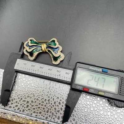 Vintage Gold Tone Enamel Bow Brooch Green Blue Rhinestone Trim - Thumbnail 7
