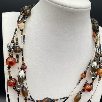 Multi-Strand Autumn Glass Bead Statement Necklace – Adjustable Lobster Clasp - Thumbnail 3