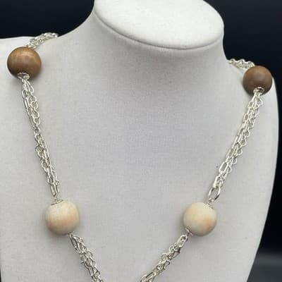 Vintage Silver Tone Chain & Wood Bead Tassel Necklace Boho Statement - Thumbnail 7