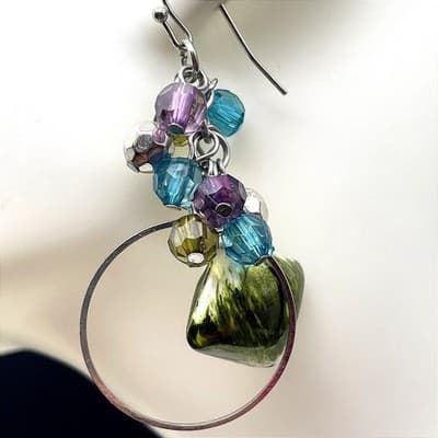 Vintage Silver Tone Multicolor Bead Hoop Drop Earrings Boho Y2K
