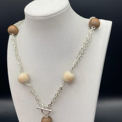 Vintage Silver Tone Chain & Wood Bead Tassel Necklace Boho Statement - Thumbnail 2