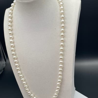 Vintage Cream Faux Pearl Necklace Gold Tone Filigree Fishhook Clasp - Thumbnail 4