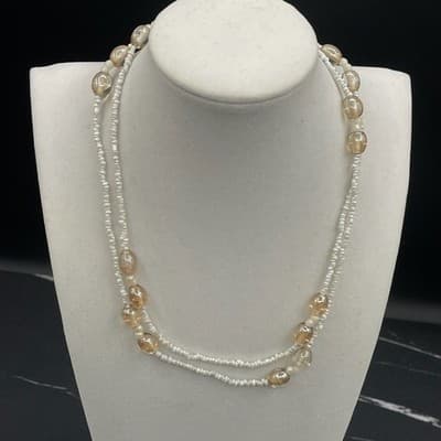 Vintage Long Strand White Seed Pearl Glass Bead Necklace 16" Lariat Style - Thumbnail 2