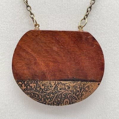 Vintage Brown Wood Round Pendant Necklace Boho Statement Chain - Thumbnail 9