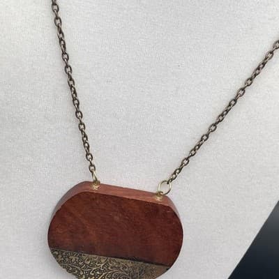 Vintage Brown Wood Round Pendant Necklace Boho Statement Chain - Thumbnail 5