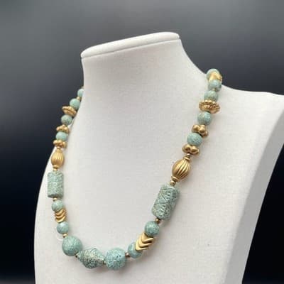 Vintage Turquoise Blue Textured Bead & Gold Tone Necklace Boho Statement - Thumbnail 2